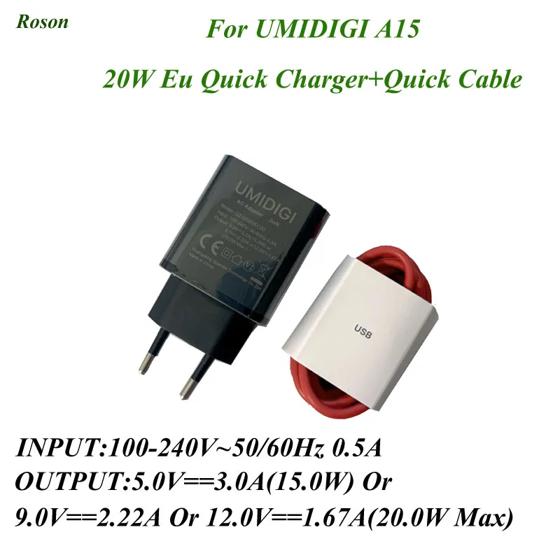 Quick Charger with 1M Type C Data Cable Quick Charging for Umi Umidigi A15 5V/9V/12V-20W