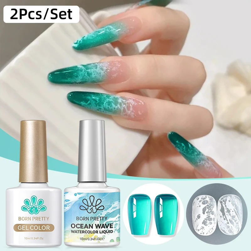 BORN PRETTY 1/2 Stück Ozeanwellen-Aquarell-Flüssiggel-Nagellack-Set Weißer Aquarell-Lack für 3-Sekunden-Verlaufeffekt Sommer-Nägel – Detail 5
