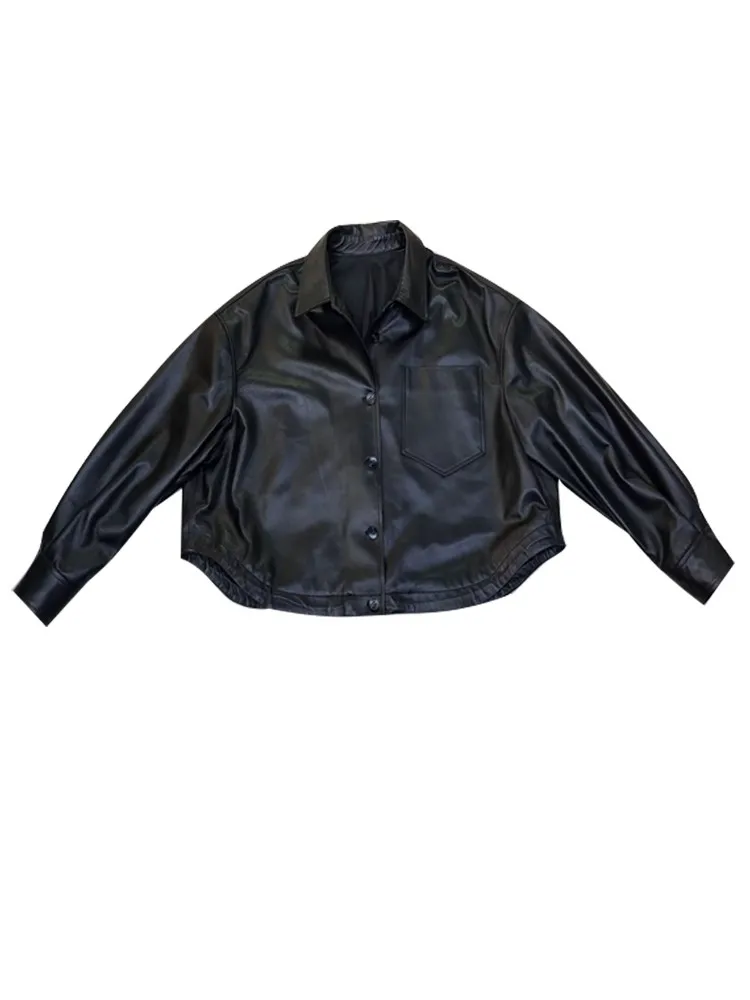 Giacca da donna in vera pelle alla moda Colletto couverture Cappotto casual monopetto da lavoro Lady Capispalla in pelle di pecora naturale vestibilità ampia