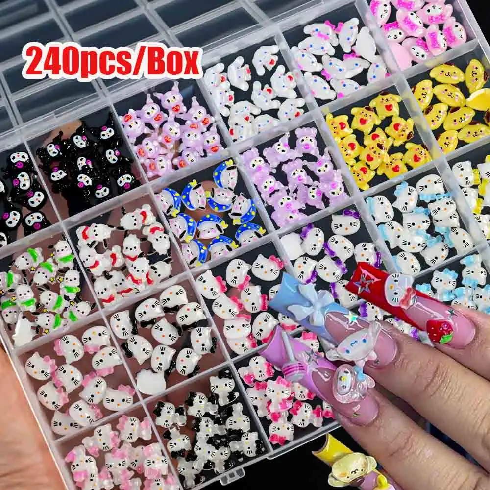 240/70pcs/Box Mixed Cute Hello Kitty Nail Charms Kawaii Cartoon Kuromi/Melody Kitty Cat Jewelry Accessories DIY Nail Art Decor