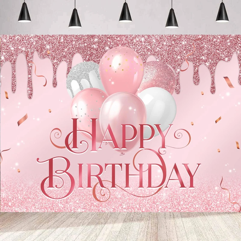 Pink Rose Gold Photography Backdrop For Women Girls Happy Birthday Sign Party Poster Glitter Diamond Balloon Background Wall