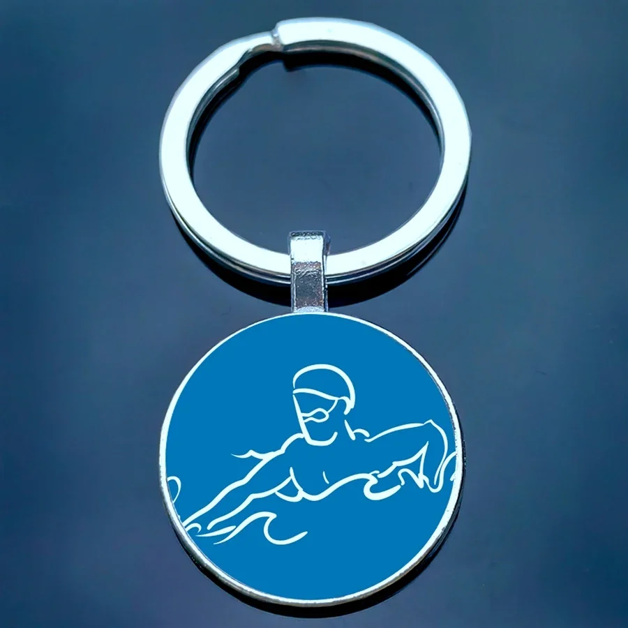 New swimming sport logo cute cartoon character glass key chain, love swimming men and women must buy