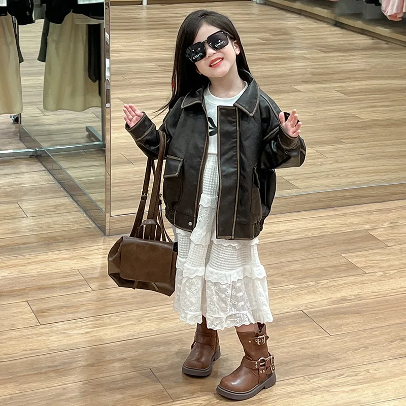 

Girls Coats 2024 Autumn New Childrens Clothes Baby Girls Korean Style Retro Leather Coats Fashion Casual Simple and Match