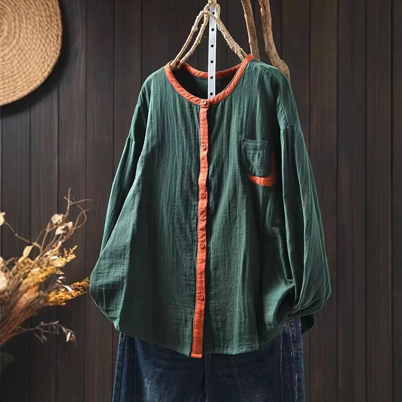 

Women Long Sleeve Cotton Shirt New Arrival 2025 Spring Simple Style O-neck Patchwork Color Loose Female Casual Tops Shirts M533