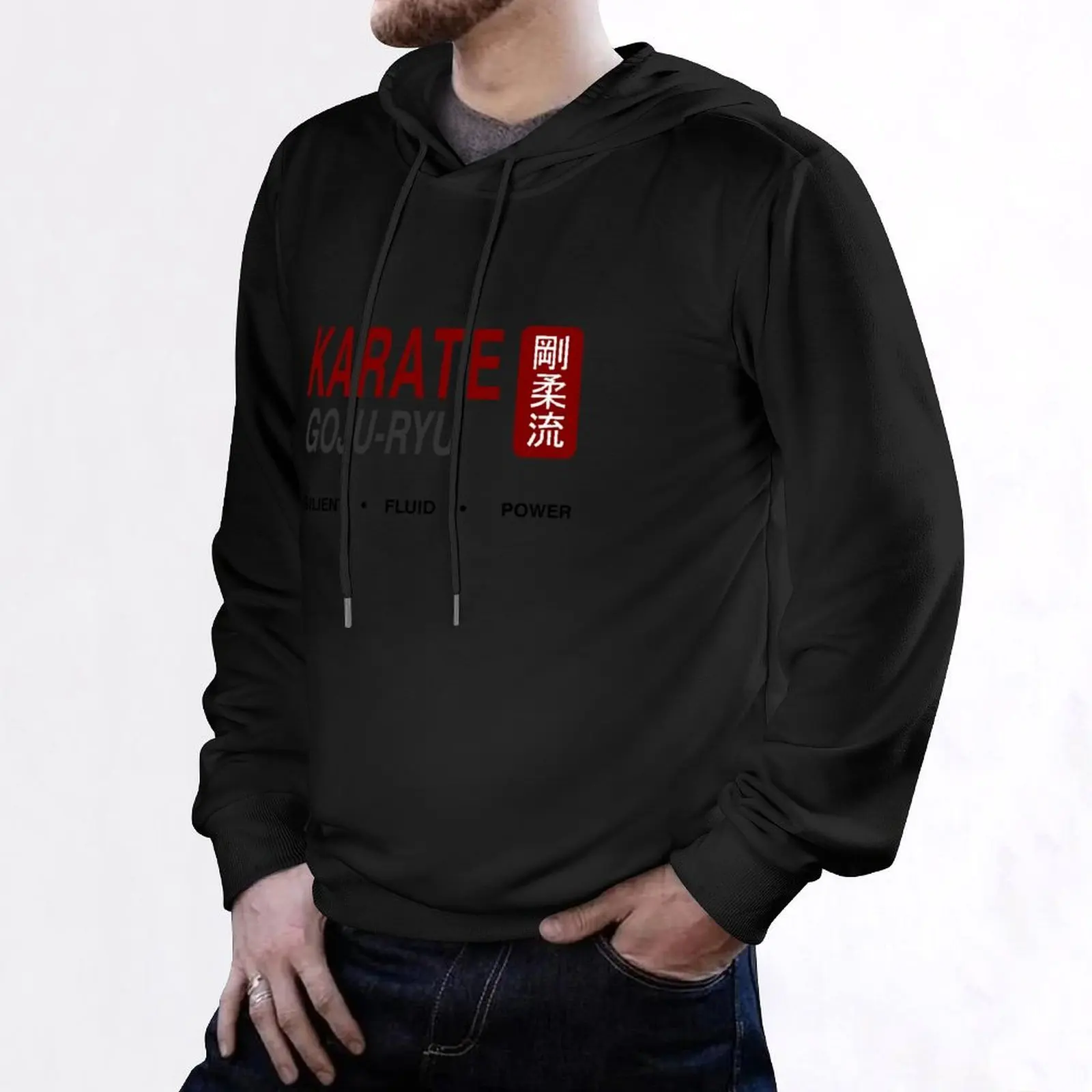 Karate Goju-Ryu Whispers Kanji Cloaked Elegance White Hoodie aesthetic clothing mens clothes hoodies and sweatshirts new