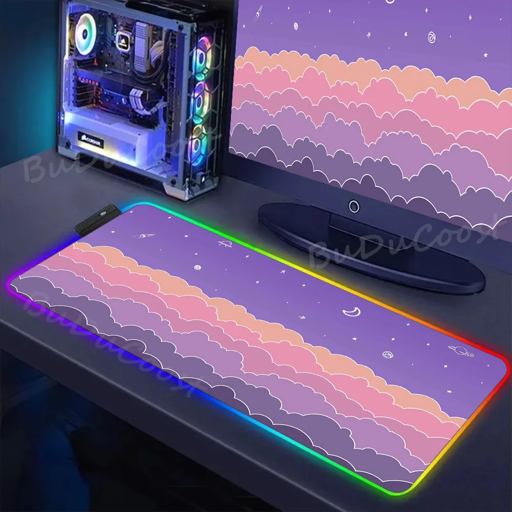 900x400mm RGB Game Table Mat Kawaii Mice Mat Purple Cute Deskpad LED Backlight Aesthetic Violet Lavender Cloud Sky Moon Mousepad