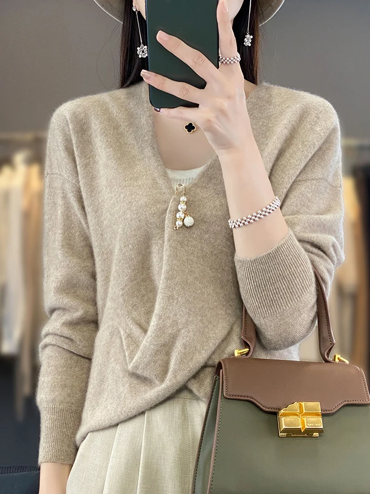 100% Merino Wool Sweater New Women V-neck Cross Collar Pullover Spring Autumn Office Lady Clothing Long Sleeve Knitwear Tops