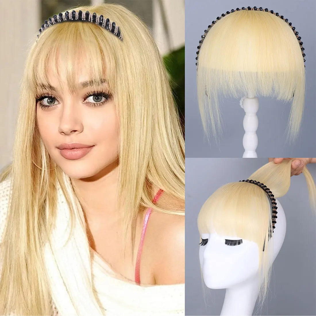 

Platinum Blonde Human Hair Toppers with Rhinestone Band for Women Clip in Bangs with Band Straight Hairpiece for Thinning Hair