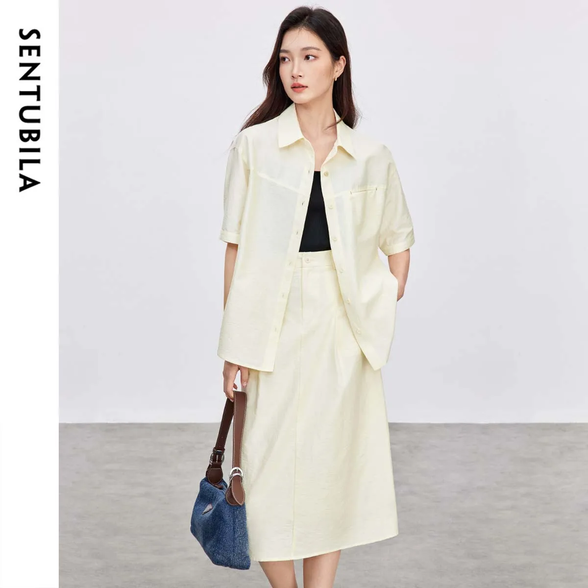 

SENTUBILA Cotton New Two Piece Set Casual Loose Half Sleeve Shirt Elastic-waist A-line Skirt New in Matching Sets 152Z59043