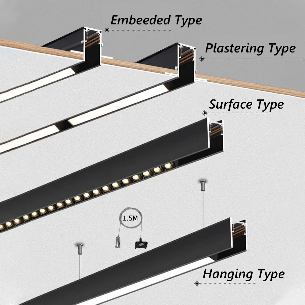 Luz de trilha magnética para sala de estar, Downlight LED de trilho de alumínio, lâmpada de grade de inundação, casa moderna, preto e branco,