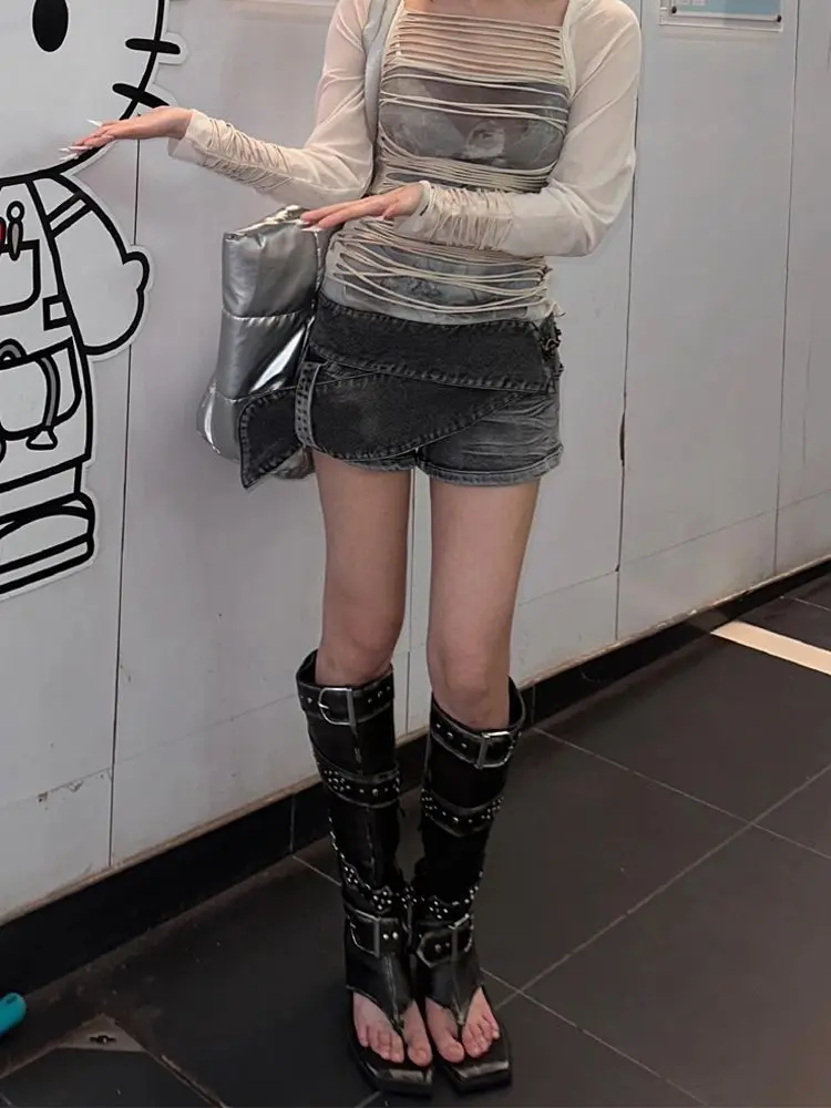 

Vintage Streetwear Black Gothic Mini Denim Shorts Women High Waist Summer Y2k Harajuku Jean Pants American Retro 2000s Oversize