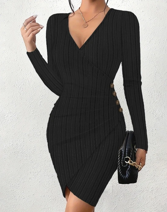 Women's Dress 2023 Autumn New Fashion Casual Solid Color V-Neck Tight Wrap Hip Slim Fit Sexy Long Sleeved Mini Female Dress