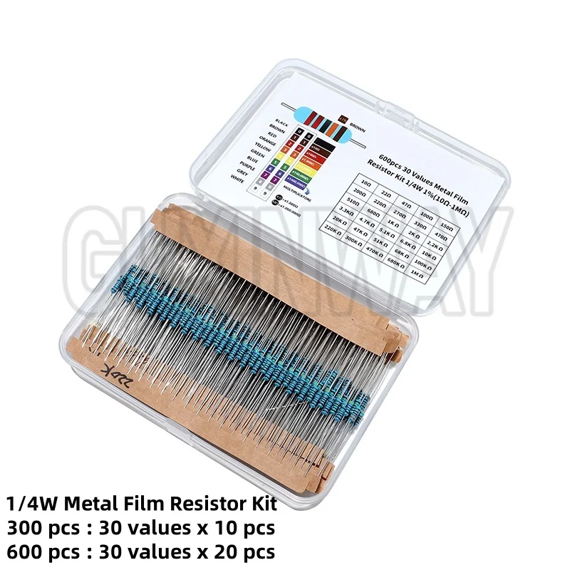 300/600 قطعة 1/4 واط طقم مقاوم من غشاء معدني 1% 30 قيم 0.25 واط مجموعة المقاومات 10Ω ~ 1MΩ طقم إلكتروني لمقاومة الحلقة الملونة #1