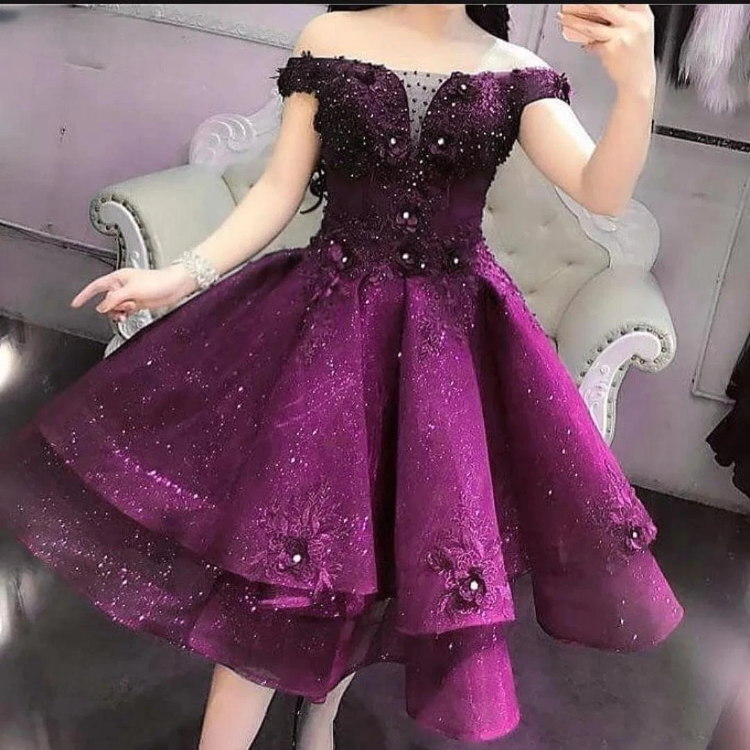 

Purple Cocktail Dresses Ball Gown Off The Shoulder Flowers Beaded Homecoming Dresses Haute Couture