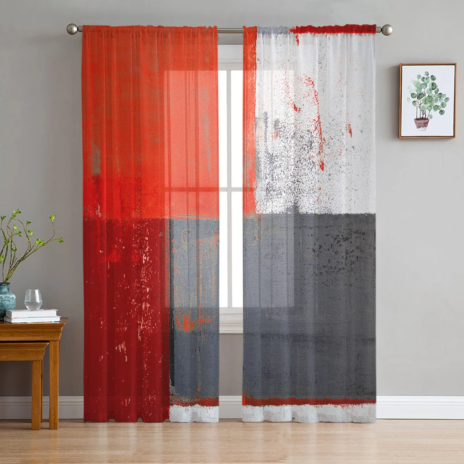 

Oil Painting Style Abstract Geometric Red Sheer Curtains for Living Room Decoration Window Curtains Kitchen Tulle Voile Curtains