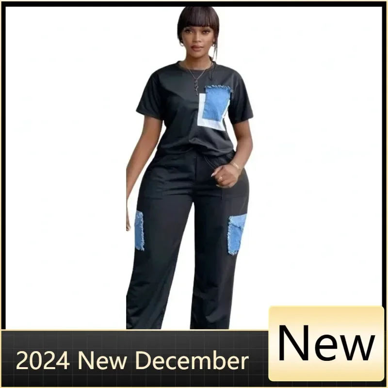 

2 Piece Women Set Dashiki Denim African Clothes Summer New Fashion Short Sleeve Top And Pants Suit Party Lady Matching Sets