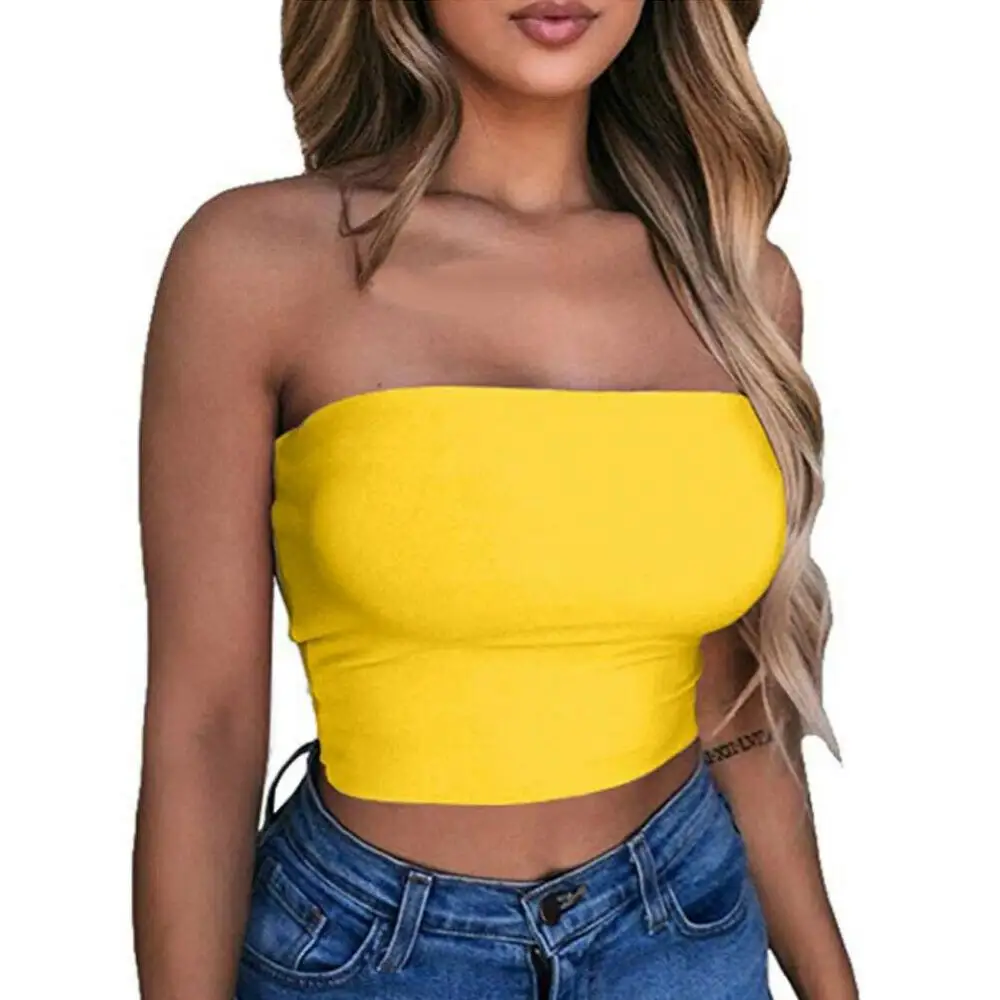 Women Tube Top Sexy Bodycon Crop Tube Top Solid Stretchy Tube Top Casual Every Day Tops Women\'s Strapless Cropped Mini Bustier