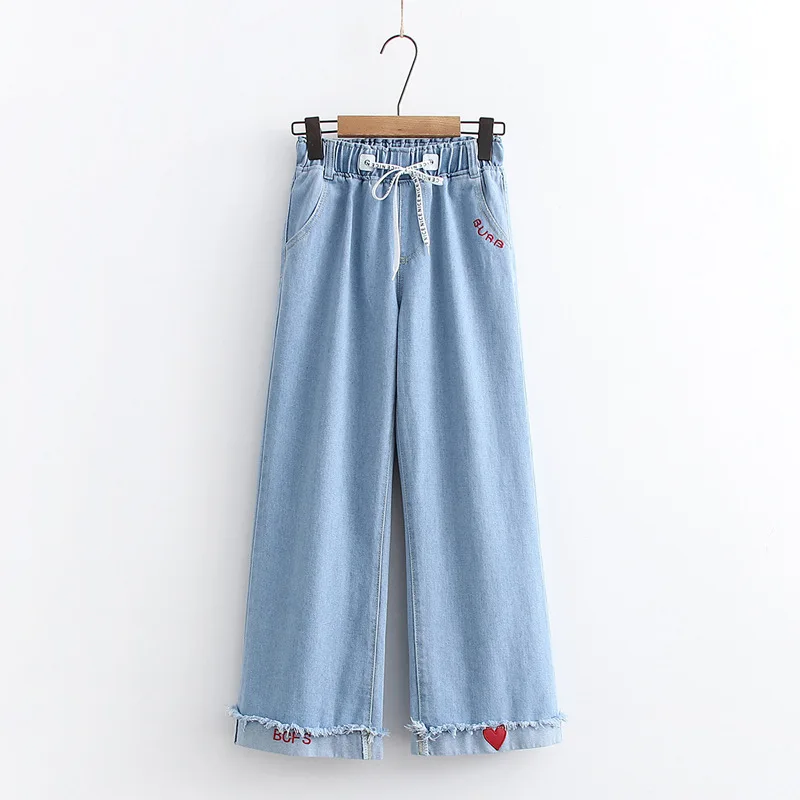 

Letter Heart Embroidered Elastic Waist Wide Leg Denim Pants