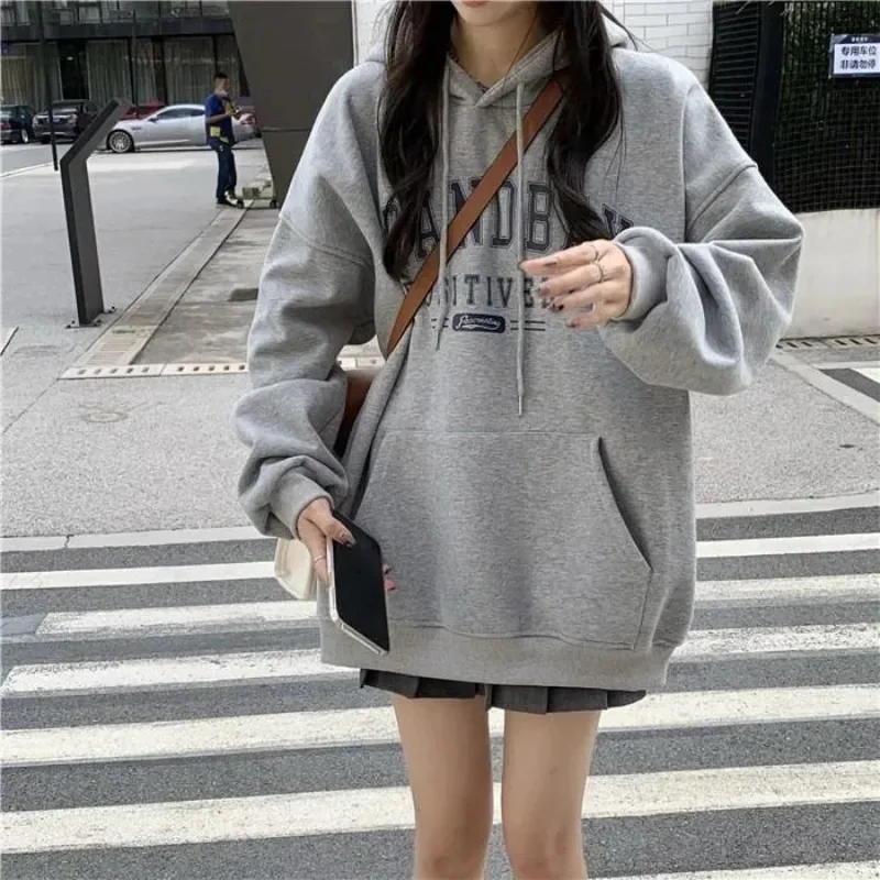 Women Fashion Long Sleeve Top Harajuku Letter Print Hoodies Sweatshirt autumn 2024 Warm Casual Loose Hooded Jacket Coat Korean