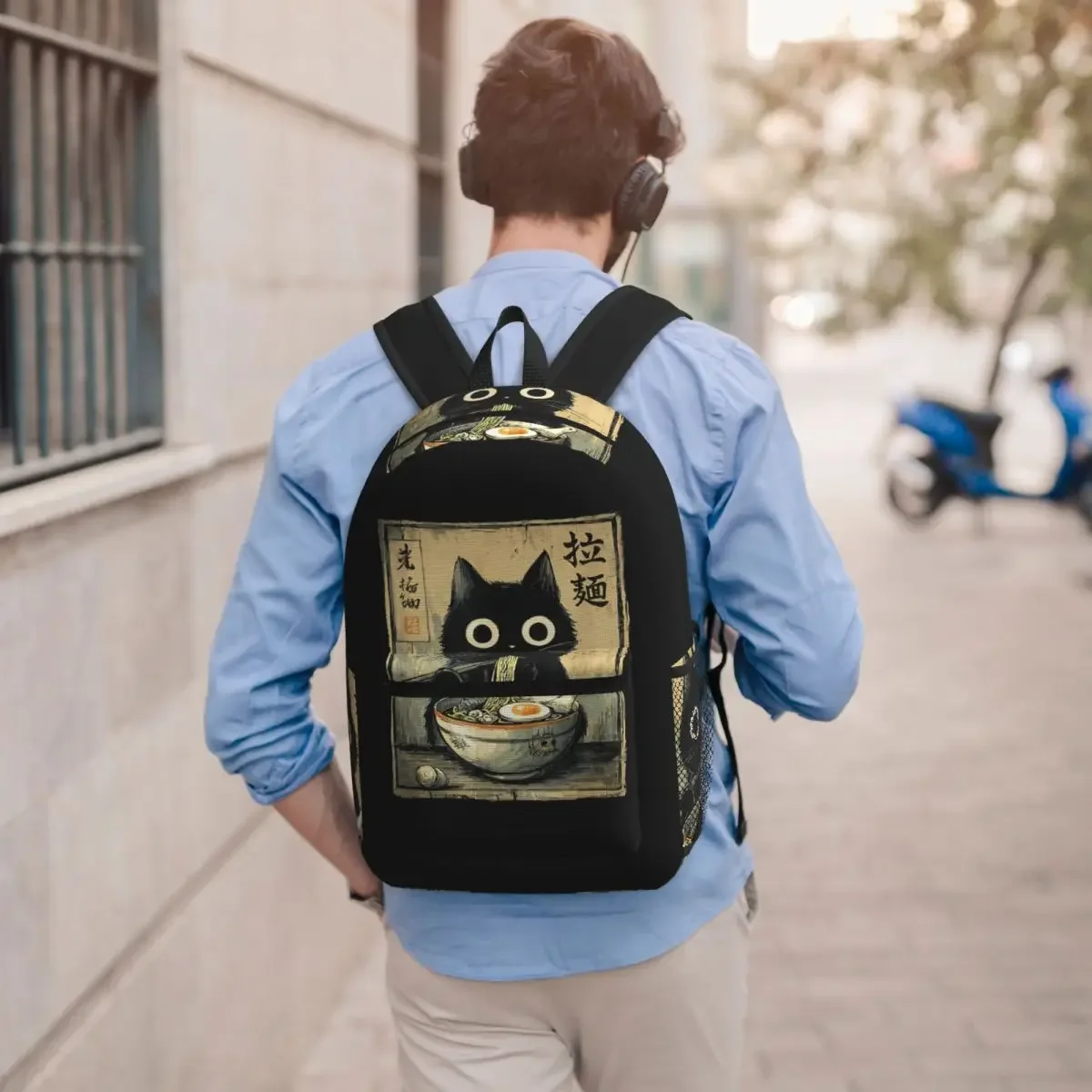 Japanese Cat Eating Ramen Student Backpack School Bag Hiking Travel Daypack for Boys Girls Bookbag Shoulder Bags