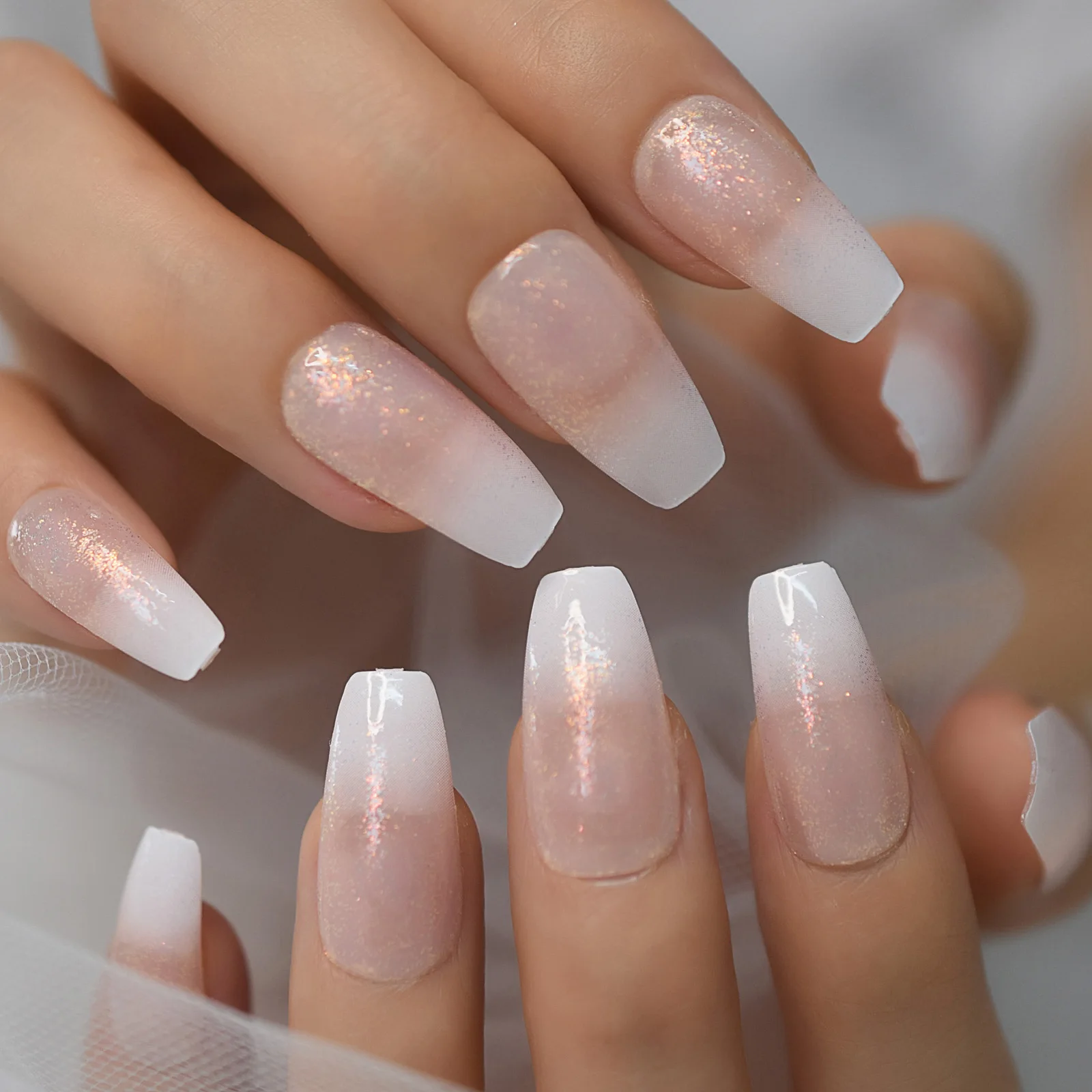 Ombre White French Press on False Nails Long Ballerina Coffin Popular Shimmer Glitter Glossy Fake Fingersnails Extention Tool