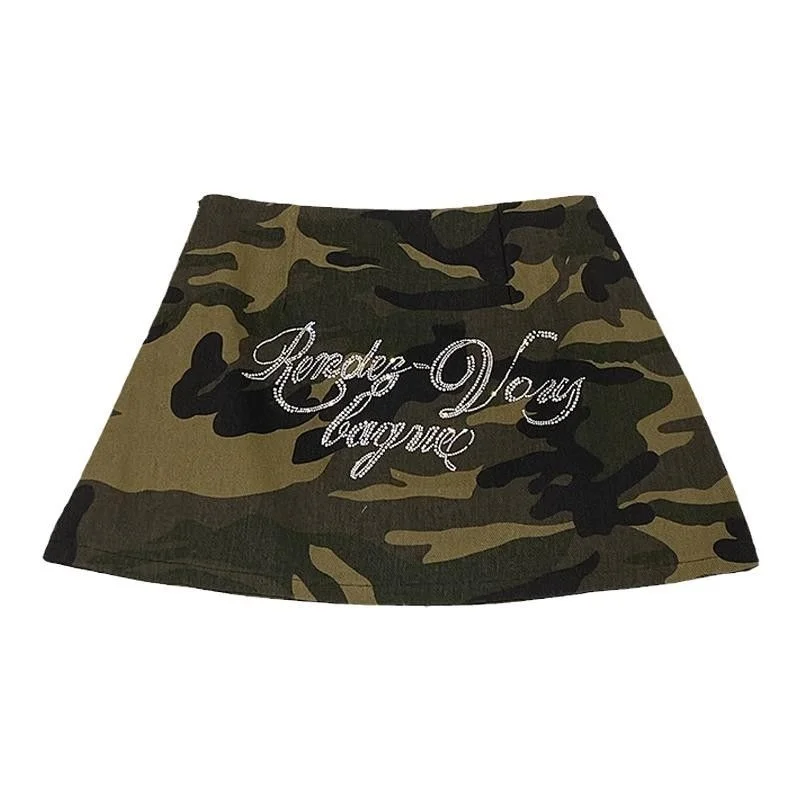 

Hot Diamond Letter Camo Half Skirt Women 2024 Summer American Fashion Versatile Hip Hop High Waist A-line Spicy Girl Short Skirt