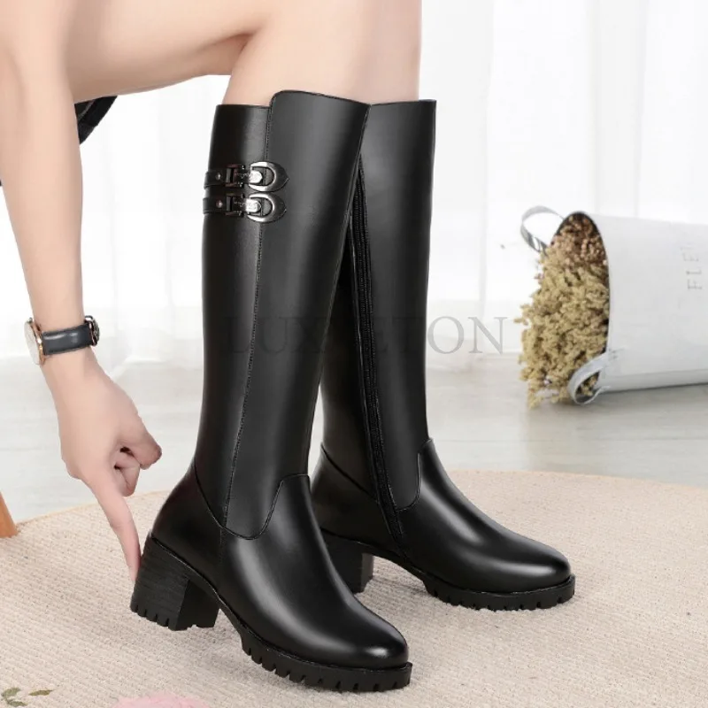 Genuine Leather Round Toe High Heels Women Boots Knee Length Wool Lining for Warmth and Slim Fit Long Leg Knight Boots