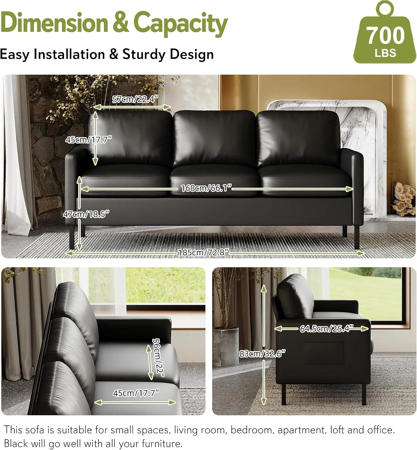 72'' Black Faux Leather 3-Seater Couch with USB, Small Sofa for Living Room