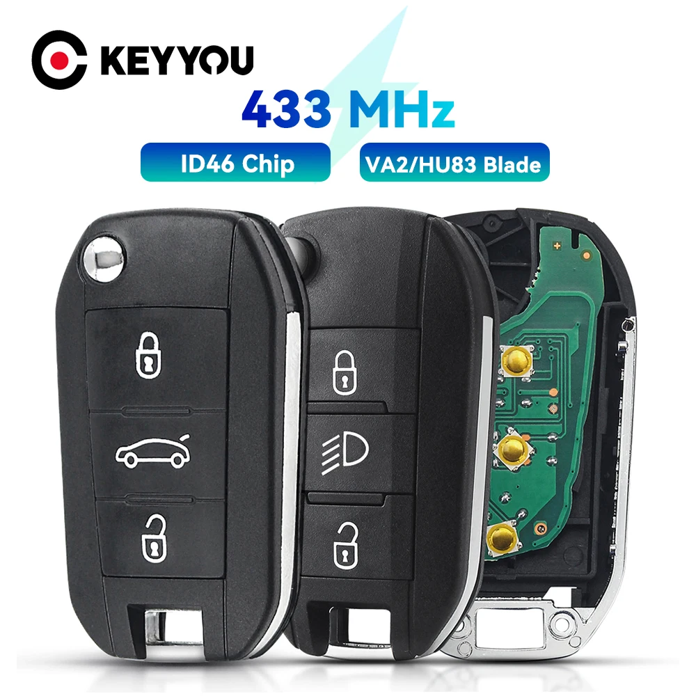 

KEYYOU With Battery ID46 Chip 433MHz Flip Car Remote Key For Peugeot 208 2008 301 308 508 5008 Citroen C2 C3 C4-Cactus C-Elysee