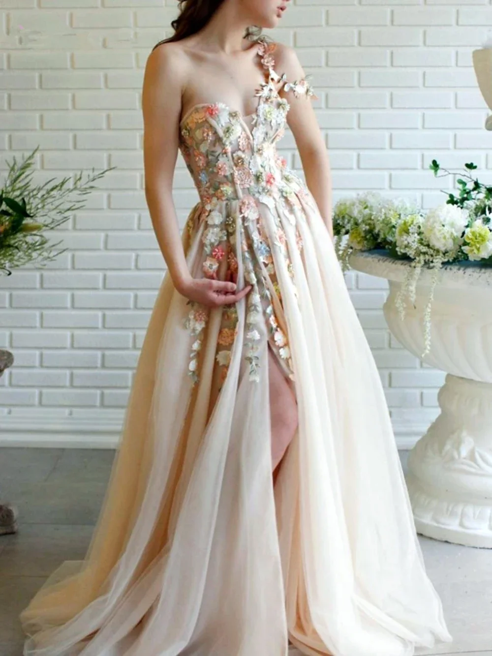 Sunnye Princess Champagne Split Appliques Flowers Prom Dress Elegant One Shoulder Fairy Evening Dress A-Line Robe De Soiree