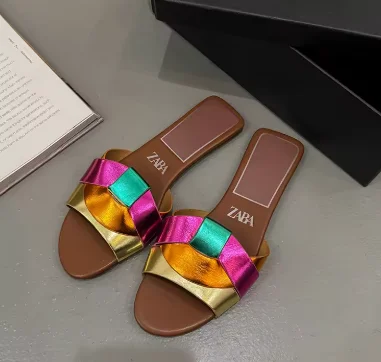Sandalias de cuero trenzado para mujer de talla grande 2026, con punta cuadrada, planas, multicolor, suela suave metálica, para vacaciones de verano y playa.