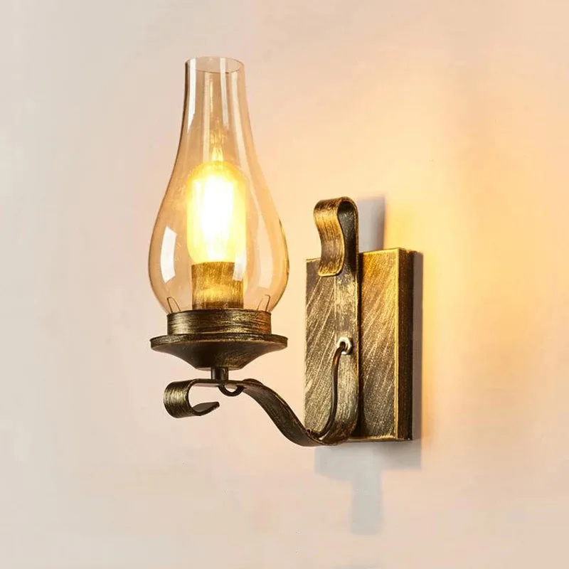 Nordic Retro Industrial Light Iron Bedside Wall Lamp Creative Restaurant Corridor Bedroom  Glass Wall Light Living Room Lighting