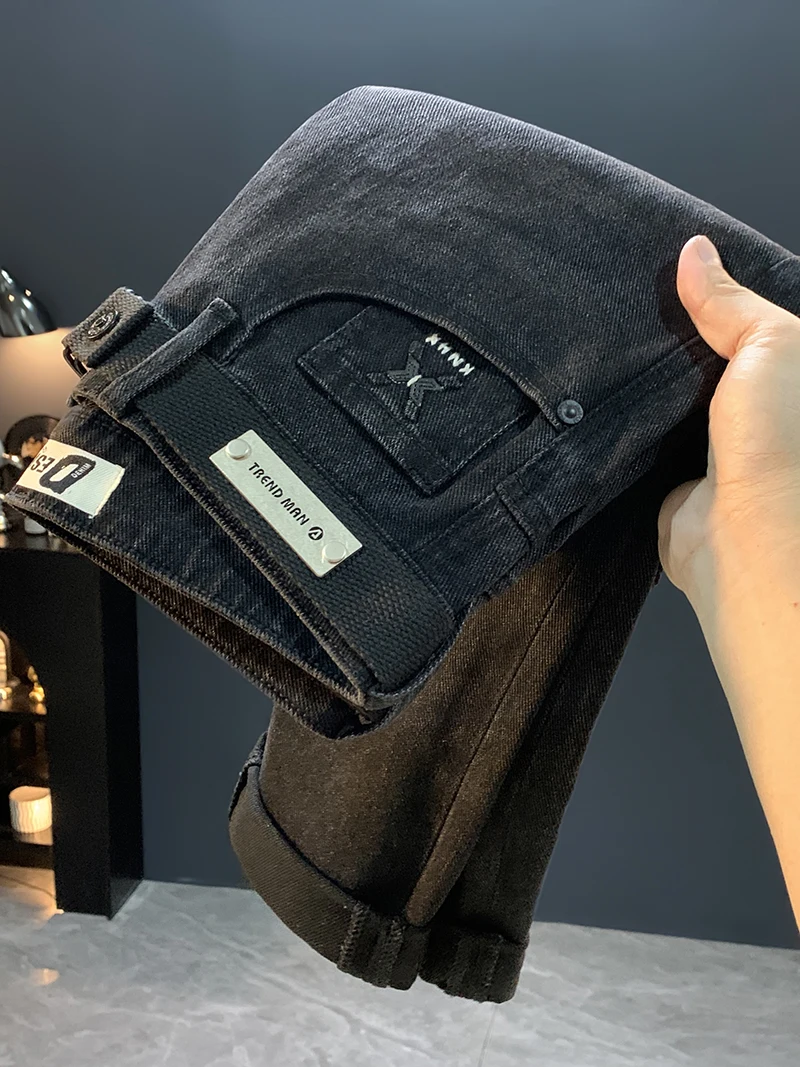 

Джинсы с талией, мужские свободные джинсы для похудения, повседневные эластичные хлопковые эластичные джинсы со средней талией, молодежные джинсы без осеннего сезона