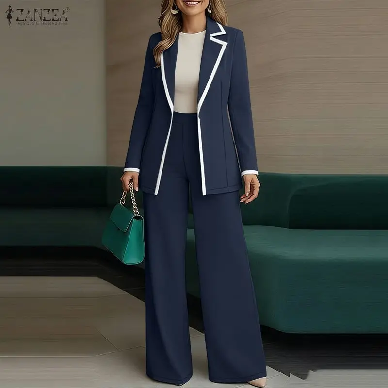 

ZANZEA Elegant Chic Women's Blazer Suits Contrast-Color Cardigan Blazer & Wide Leg Pant 2 Pieces Sets Office Lady Pant Sets