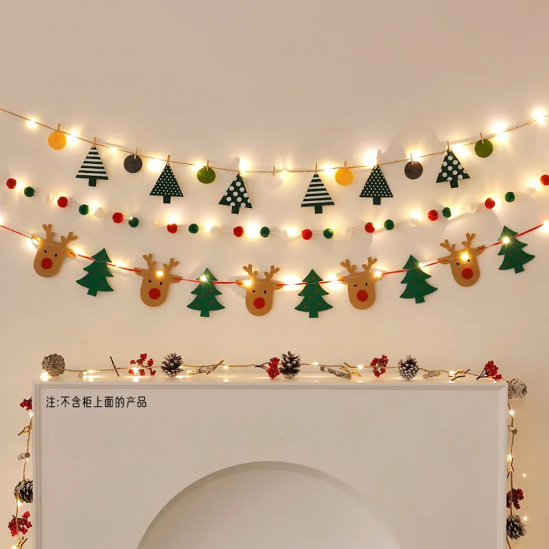 

Christmas Decorations Trees Hanging Wall Backgrounds Family Party Red Green White Furry Balls Strings Felt Banners String Lights