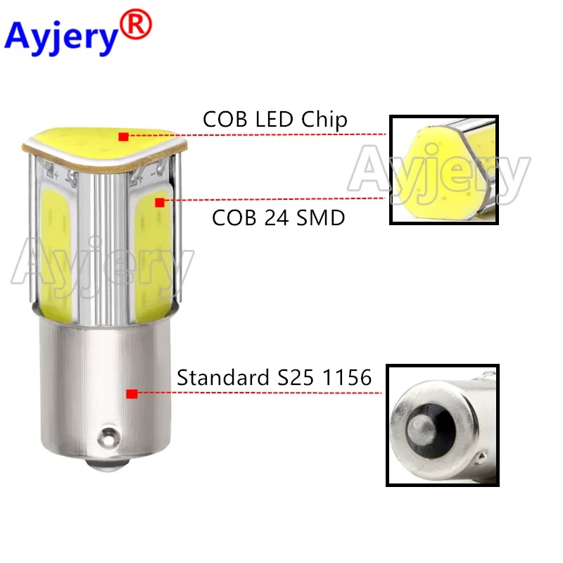 AYJERY 10 pcs 1156 BA15S P21W COB 24 SMD 1157 BAY15D P21/5W Car LED Brake Lamp 12V DC Stop Tail Turn Signal Light White Red