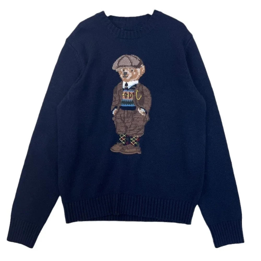 New cartoon teddy bear round neck pullover for spring 2024, college age reducing versatile wool sweater, unisex