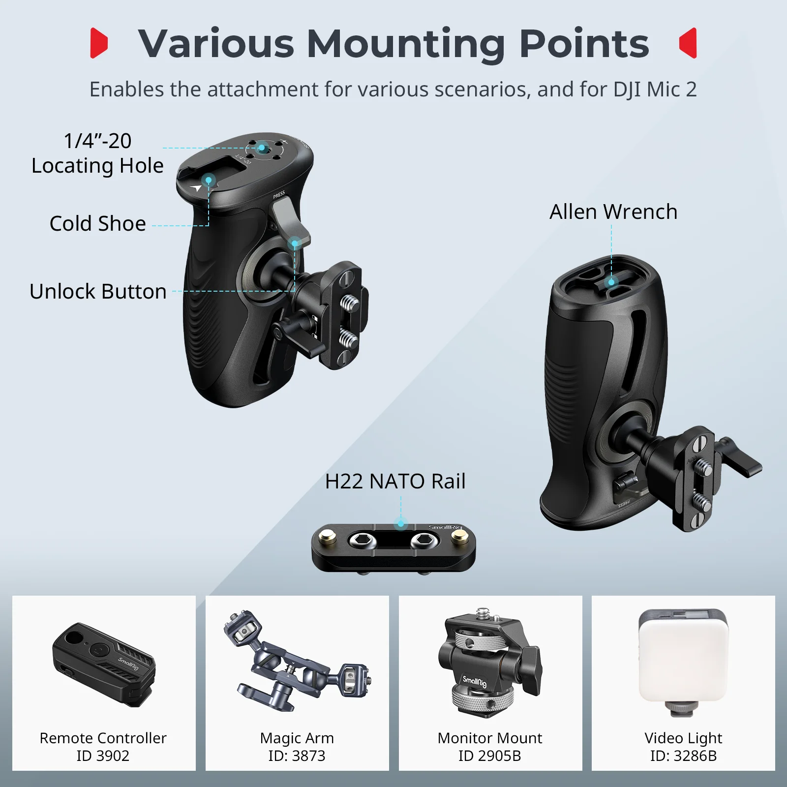 SmallRig Rotating Side Handle with NATO Clamp/ 1/4"-20 Screws Fluid Shooting Can Mount Magic Arms, Mics, Video Lights 5160