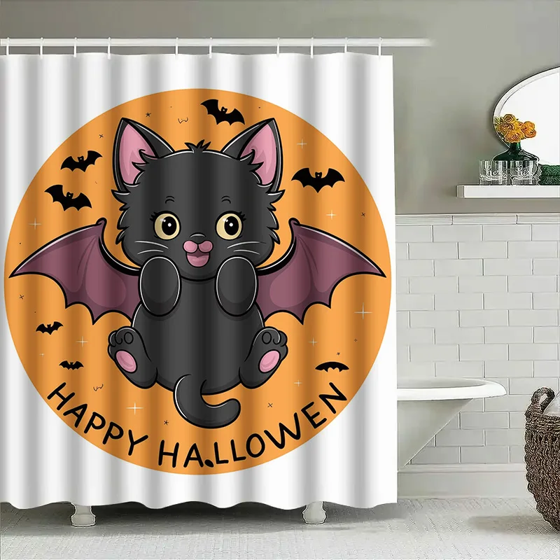 

Tuniu Cute Cat Halloween Shower Curtain Funny Black Cat with Bats Bathroom Decor for Kids Girls Boys
