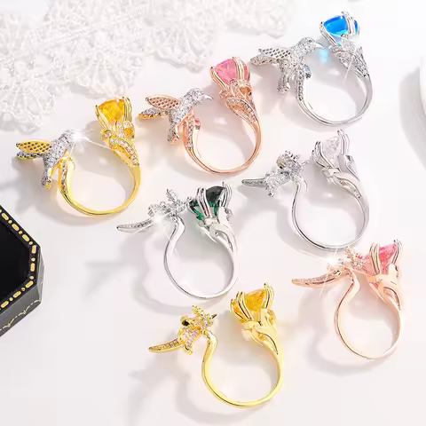 Women's Fashion Color Zircon Pink/blue/Yellow Shiny Zircon Hummingbird Shape Ring 925 Silver Plated Fashion Jewelry Gift