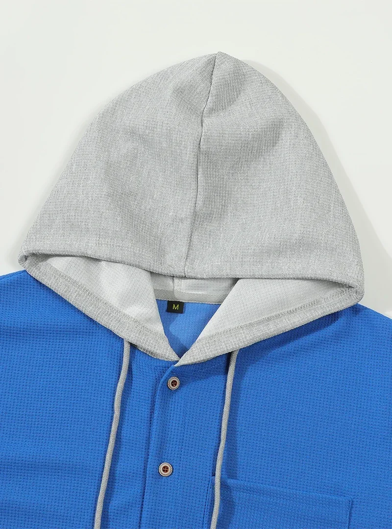 Koreanische Waffel-Kapuzenjacken für Herren, Frühling und Herbst, Kontrastfarbe, einreihige Kapuzenjacken, atmungsaktive, lässige, leichte Jacke – Detail 6