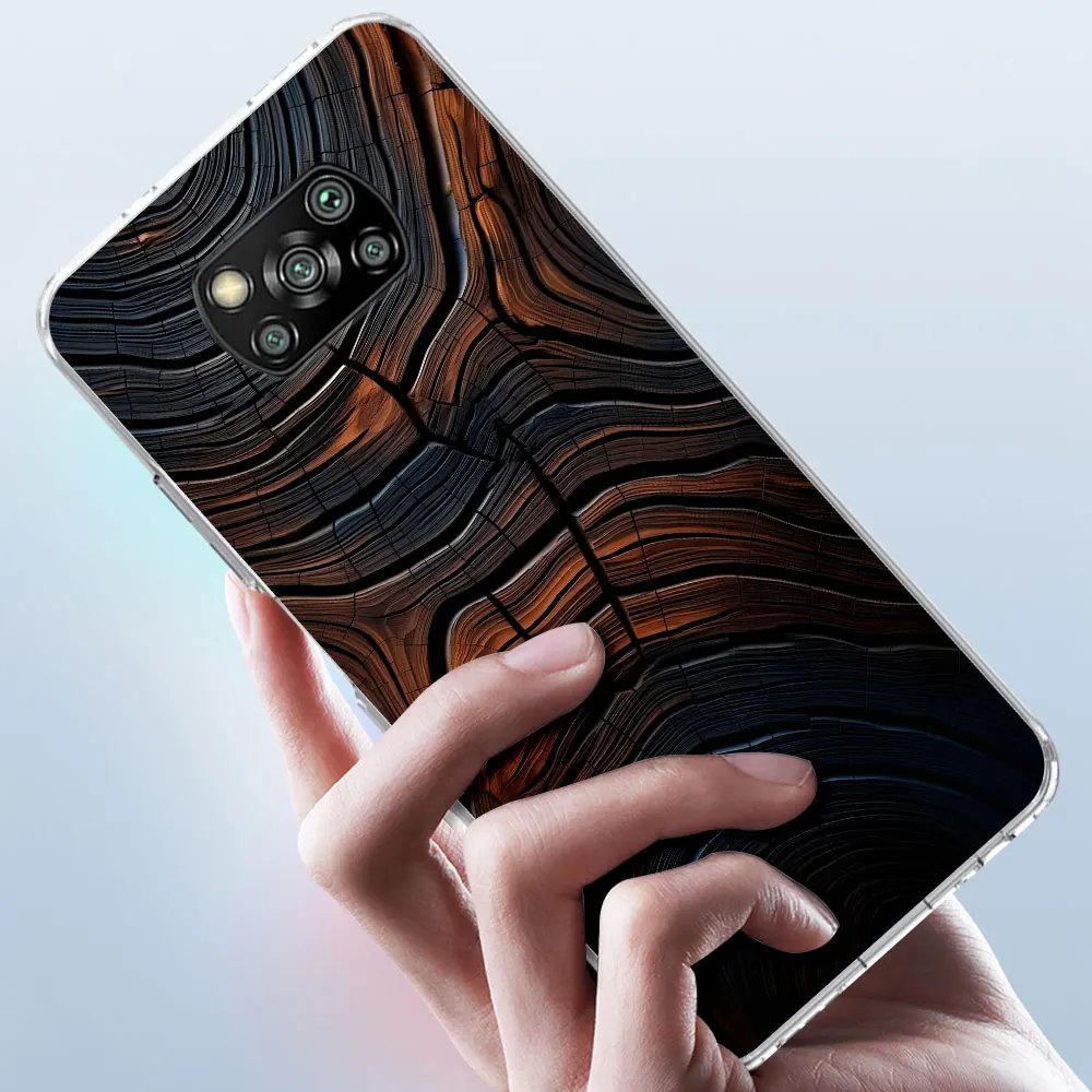 Carved Wood Case for Xiaomi Poco X6 F4 M5 X3 M3 M5s X4 X5 F1 F3 F5 M4 F2 Pro TPU Soft Transparent Phone Cover Fashion Coque