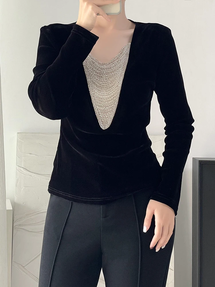 

Ele Velvet Long Sve T-irt Women's V-ne Fringed Beaded Casual Versatile Top Skin-friendly Breathable Spring Faion
