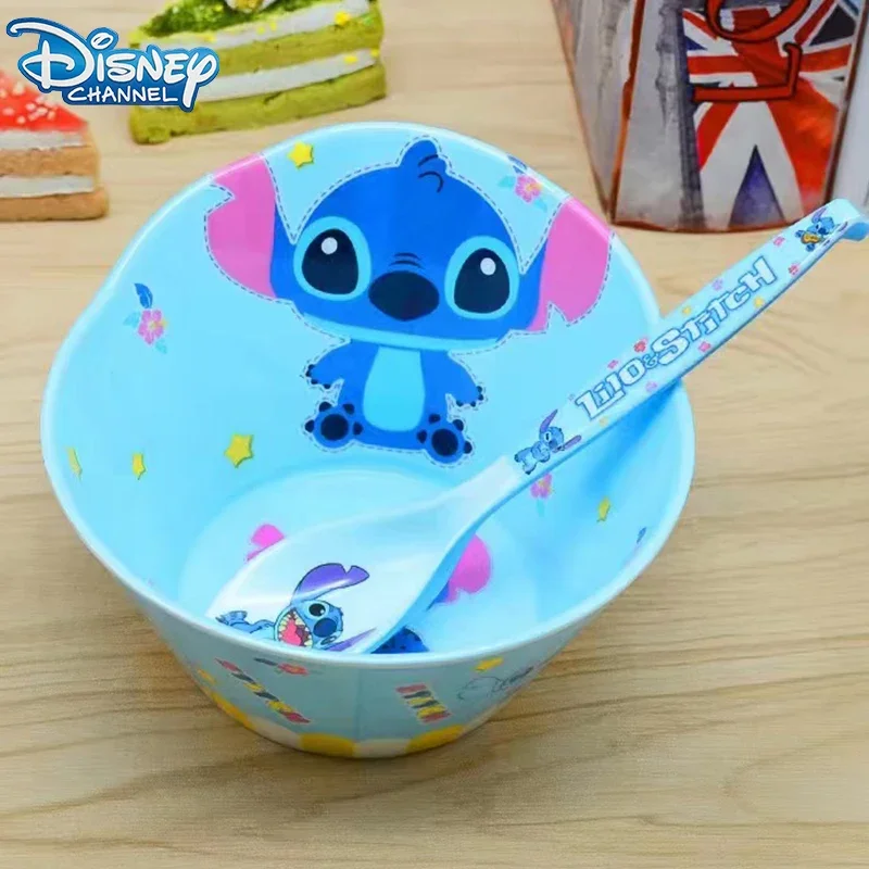 Disney Stitch Kids Bowl Spoon Set Cartoon Cute Tableware Gift Furniture Drop Resistant High Temperature Melamine Soup Bowl Spoon