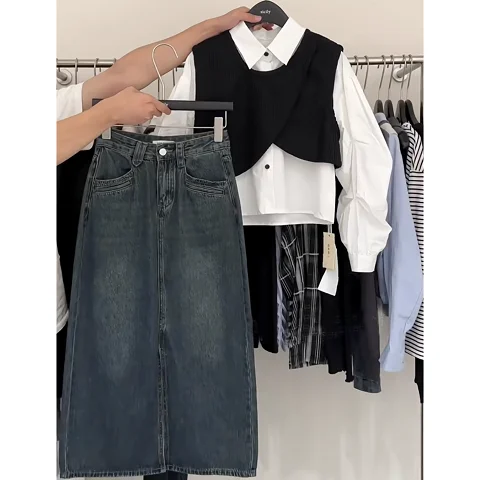 Set Autunnale da Donna 2025, Nuovo Design Coreano Versatile, Gilet e Gonna in Denim, Completo a Due Pezzi