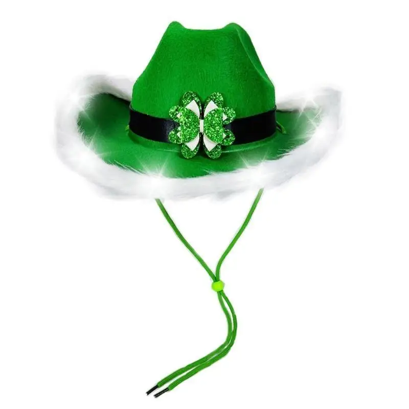 

39BB StPatrick Day Celebration Glowing Hat with Clovers Belt for Festival Theme Event