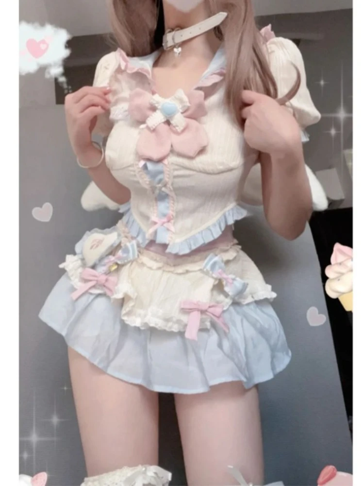 Japanese Style 2 Piece Set Woman Kawaii Cute Clothing Suit Girl Casual Blouse + Slim Mini Cake Shirt Outwear Fashion 2024 Summer