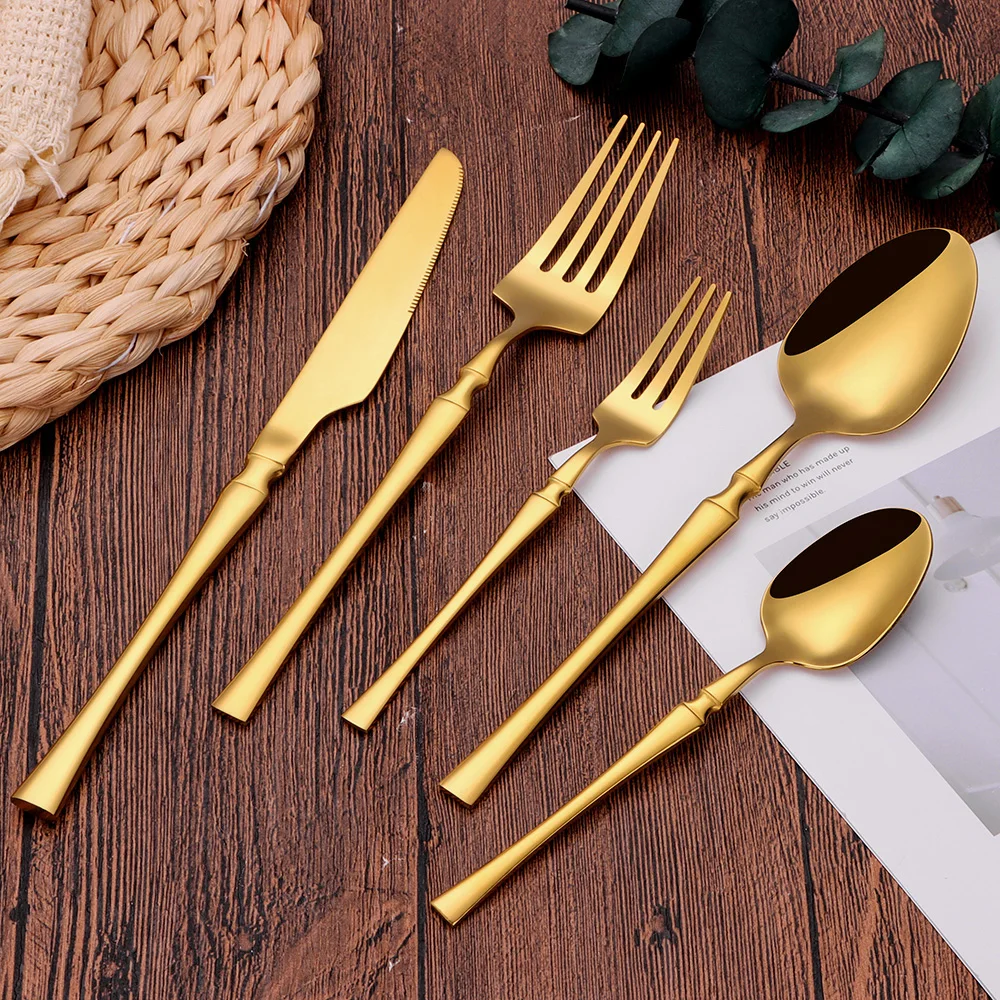 6/24/30Pcs Gold Thin Cutlery Stainless Steel Tableware Western Dinner Set Solid Color Knife Fork Spoon Mirror Kitchen Utensils