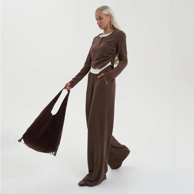 Nieuwe Tweedelige Casual Set Relaxte Europese Amerikaanse Stijl Met Geplooide Onregelmatig Gezoomde Top Rechte Broek Dames