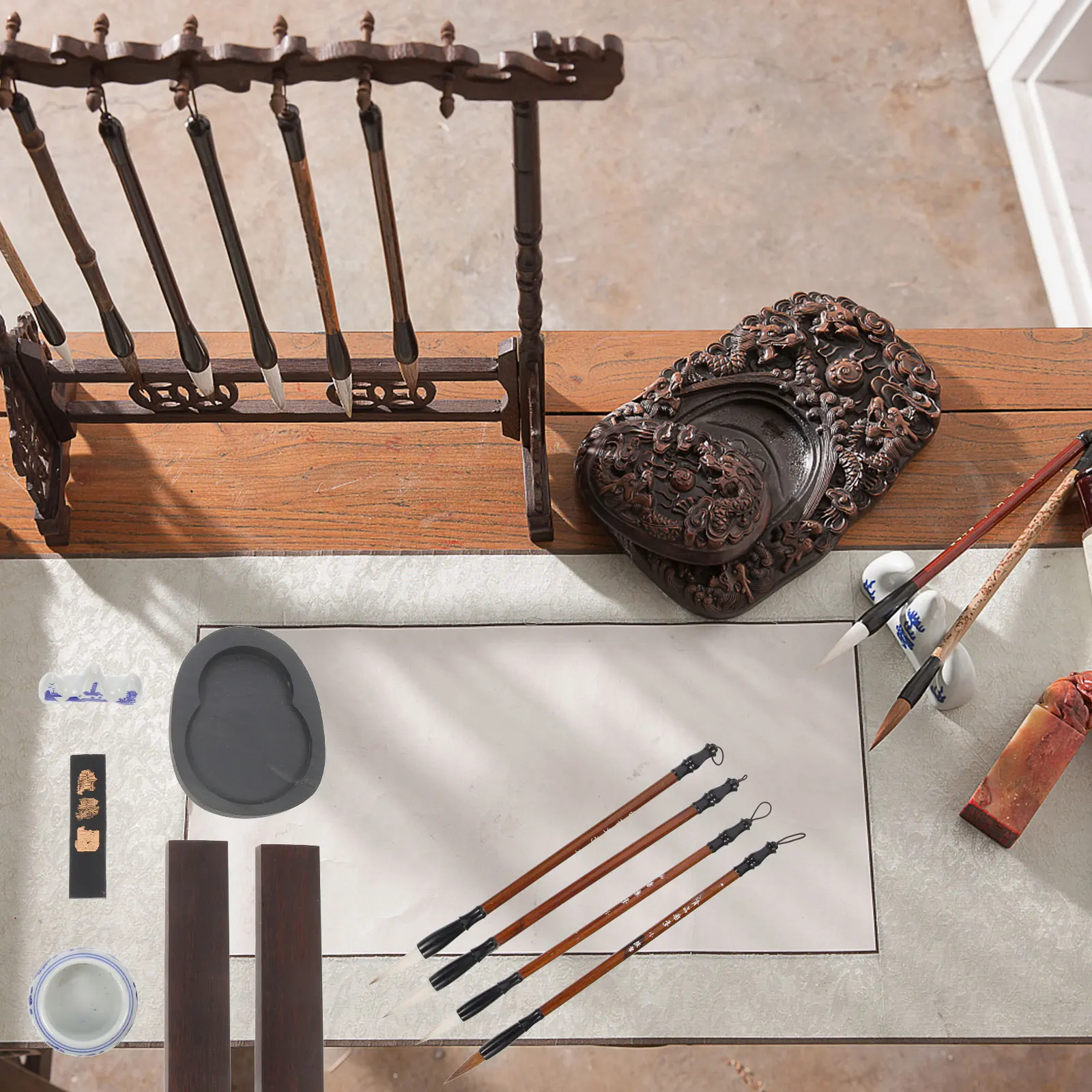 

Portable Calligraphy Set Writing Brush Ink Stone for Student Practice Supplies Lightweight Durable Study Painting Tool